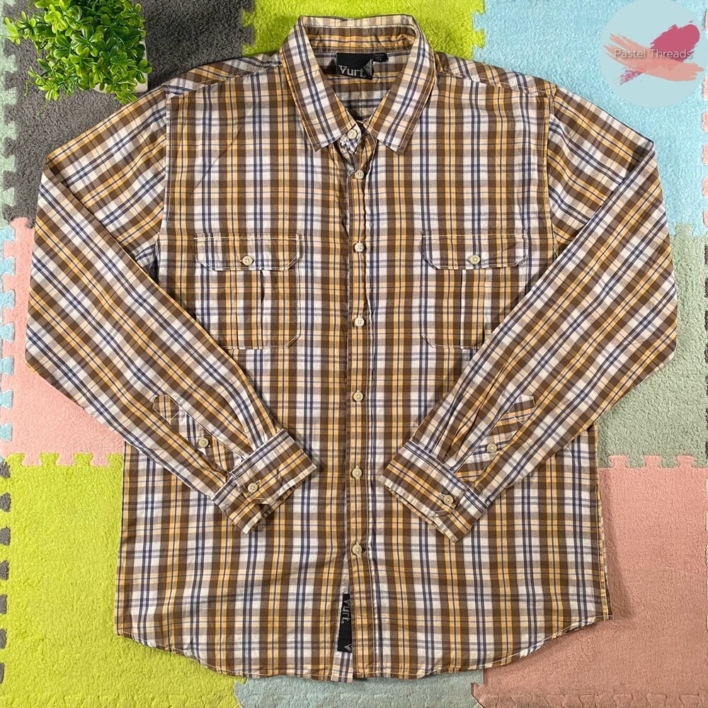 NWOT Vurt Tan Yellow & Blue Long Sleeve Button-Up Flannel